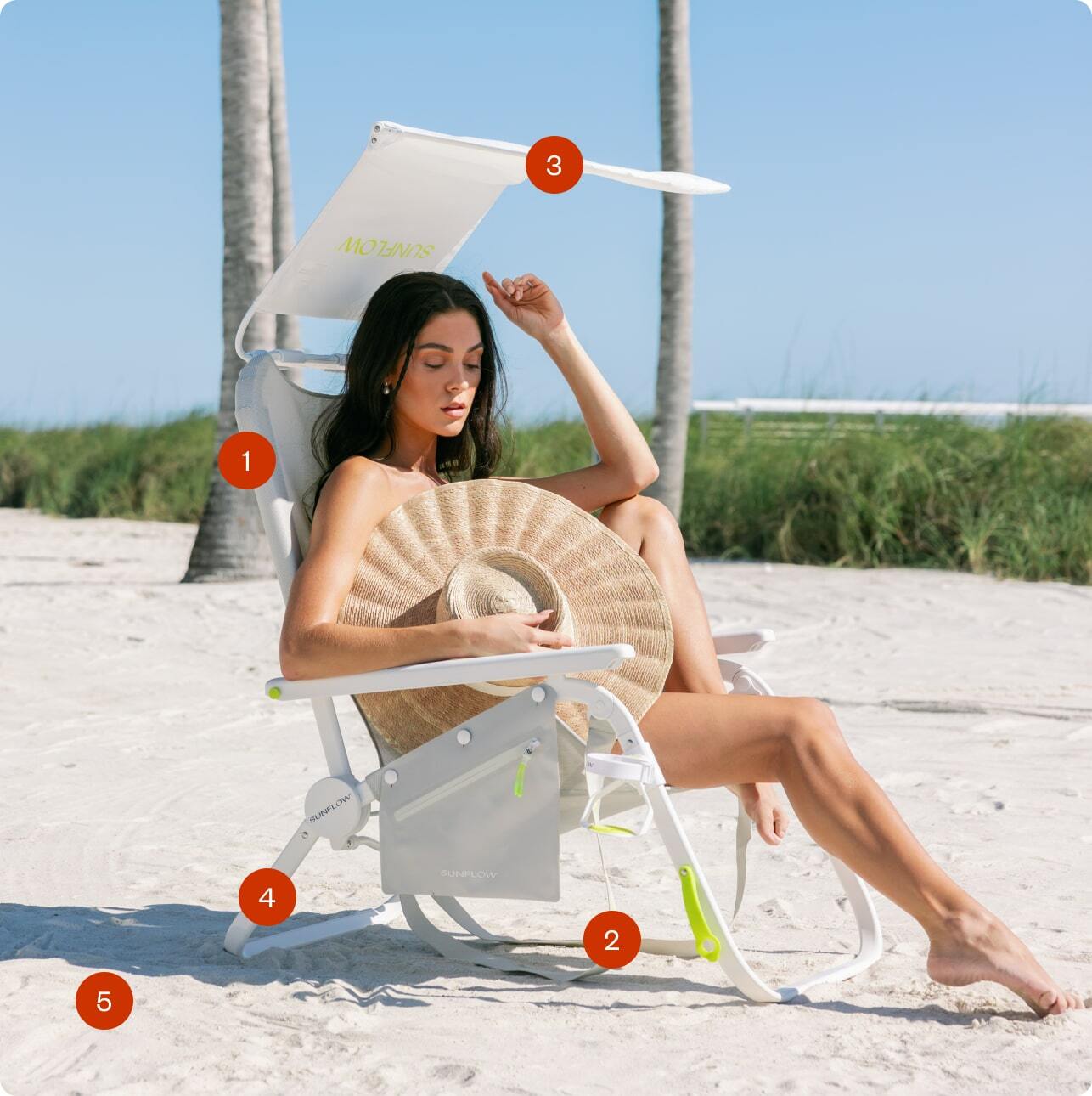 Woman sitting on a beach chair with an adjustable canopy at the beach.